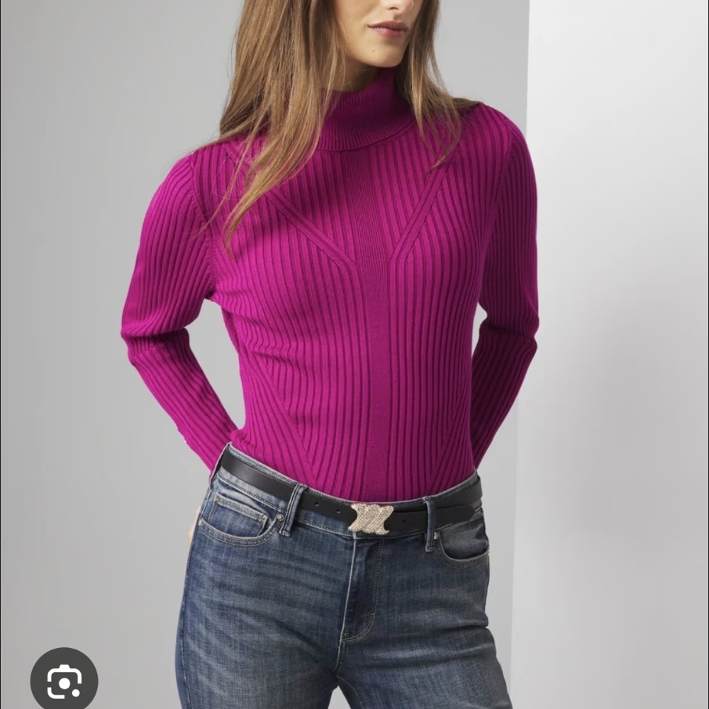 WHBM Ribbed Design Satin Turtleneck Sweater sz XS Slim Fit Purple Pink Lux Chic